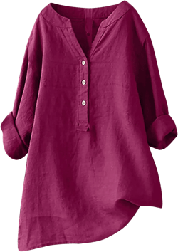 Casual Linen Blouses for Women Long Sleeve V Neck Button Up Shirts Comfy Loose Tunics Blouses Ladies Linen Blouse Top Hot Pink