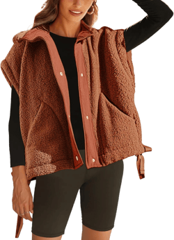 Women Oversized Fleece Vest Trendy Sleeveless Button Down Fuzzy Sherpa Jacket Winter Warm Outerwear Vest with Pockets X-Large Rust