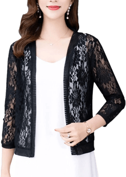 Hotmiss Women's 3/4 Sleeve Floral Lace Shrugs Open Front Cardigan Crochet Bolero Jacket Black Small