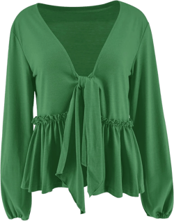 Fanway&EC Women's Long Sleeve V Neck Blouses Babydoll Tie Front Shirts Ruffle Hem Casual Crop Tops XX-Large Green