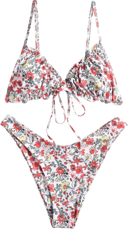 ZAFUL Women's Triangle Bikini Floral Ruffles Bow Tie Up Bikini Set Two Piece Swimsuit X-Large A-khaki&red