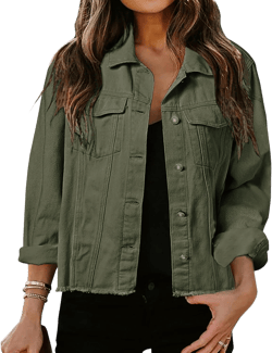 LONGBIDA Women's Jean Jacket Frayed Washed Button Up Cropped Denim Jacket With Pockets Large Navy Green