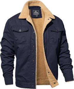 MAGNIVIT Men's Cotton Cargo Jacket Winter Sherpa Fleece Lined Work Jacket Coats with 5 Pockets Small Navy Blue