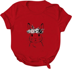 Women's Easter Day Summer Short Sleeve Floral Print Bunny Lily Blouses Fashion 2023 2024 Oversized T Shirts Graphic Red XX-Large