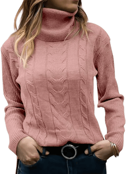 Womens Turtleneck Long Sleeve Tunic Sweater Casual Loose Oversized Cable Knit Winter Warm Sweaters Tops Color06#pink X-Large