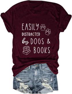 Womens Easily Distracted by Dogs and Books T Shirts Funny Cute Paw Graphic Tees Fashion Summer Short Sleeve Tops 3X-Large Wine