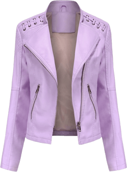 BOFETA Womens Faux Leather Long Sleeve Jackets Quilted Moto Outwear Slim Lapel Coats Purple Pink Medium