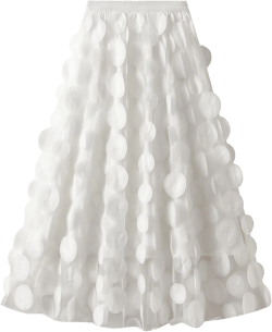 Women 3D Polka Tulle Maxi Skirts Dot Elastic Waist A Lined Sheer Mesh Mid Skirts Formal Flowy Party Clubwear One Size White
