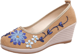 Hee grand Women Wedges Heeled Shoes Chinese Style Embroidered Shoes Comfort Cotton and Linen Slip On Walking Shoes 7 2-brown