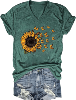 Women's T-Shirts V-Neck Boho Flowers Wildflowers Tee Cute Summer Graphic Shirts Short Sleeve T Shirt Small D-green1