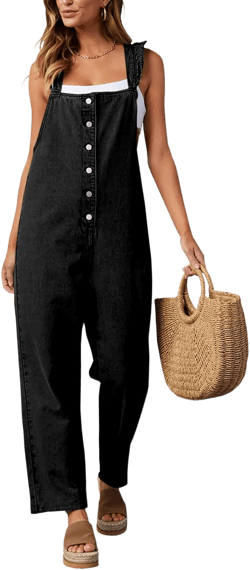 Tongmingyun Women's Loose Denim Overalls Jumpsuits Ruffle Sleeve Button Down Straight Leg Jeans Long Rompers Black Large