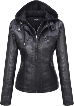 Springrain Women's Faux Leather Jacket Moto Biker Coat with Detachable Hood Motorcycle Jacket at Amazon Women's Coats Shop