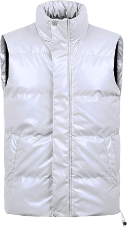 JEsilunmaMY Men's Stand Collar Shiny Puffer Vest Sleeveless Slim Fit Cotton Down Vest Warm Winter Casual Padded Vest Coats Small White