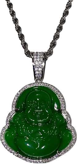 Iced Laughing Buddha Icy Green Jade Pendant Necklace Rope Chain Genuine Certified Grade A Jadeite Jade Hand Crafted, Jade Necklace, 14k Gold Filled Laughing Jade Buddha Necklace, Silver Jade Medallion, Fast Prime Shipping, Green Jade Necklace 18" NECKLACE