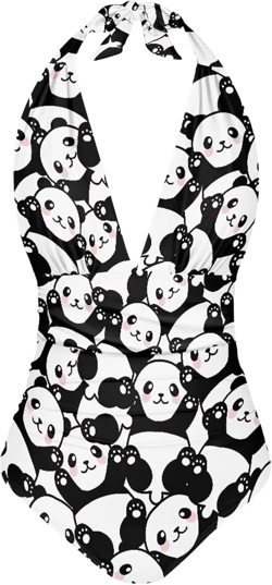 Animals Pattern Women Halter One-Piece Swimsuit, Deep V Neck Slimming Tummy Control Bathing Suits 3X-Large Cartoon Panda