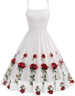 IDOPIP Women Sleeveless Straps Floral Embroidery Mesh Dress 1950s Vintage Cocktail Party Swing Dress Formal Retro Midi Dress Small White