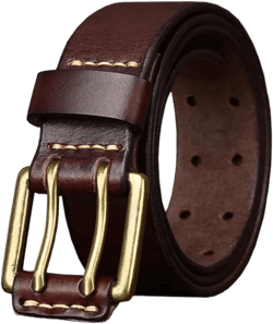 Mens Double Prong Leather Belt Solid Brass Buckle Casual Work Waistband for Jeans Pants Coffee Fits waist 36-39 inch