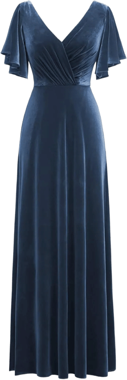 Flutter Sleeve Velvet Bridesmaids Dresses V Neck Women Wedding Long Bridesmaid Dresses for Fall 2 Dusty Blue