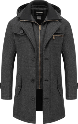 Chrisuno Men's Classic Long Pea Coat Warm Wool Blend Winter Trench Coat Single Breasted Overcoat with Detachable Collar Black Medium