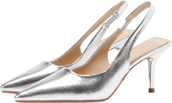 Women's Patent Leather Slingback Pumps Fashion Comfort Backless Closed Pointed Toe Slip On Stiletto High Heels for Party Prom Date Office Dressy Shoes 7 Silver