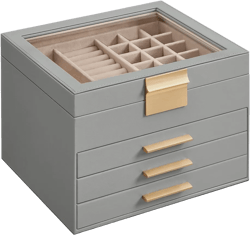 SONGMICS Jewelry Box with Glass Lid, 4-Layer Jewelry Organizer, 3 Drawers, for Big and Small Jewelry, Jewelry Storage, Gray and Gold Color