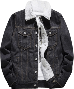 Ymosrh Mens Leather Jacket Add Wool Casual Vintage Wash Distressed Denim Jacket Coat Rain Jackets for Men Waterproof Black Medium
