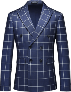 MOGU Men's Slim Fit Plaid Suit Set – Sport Coat Blazer, Vest & Pants (Each Sold Separately) for Wedding, Prom & Party Jacket Double Breasted Navy Blue 32