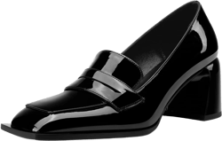 Aachcol Womens Heeled Loafers Square Toe Chunky Block Mid Heel Loafers Pumps Classic Slip-on Office Patent Leather Dress Shoes 2.8 Inches Heels
