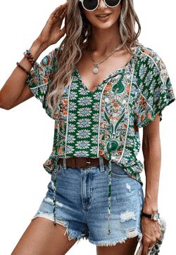 Angashion Women's Summer Tops Casual Floral Print V Neck Ruffle Short Sleeve Loose Tunic T Shirt Blouse Small Green