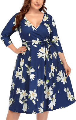 Plus Size Dresses Women Wedding Guest Fall Navy Floral Midi Wrap Long Sleeve V Neck Fit&Flare Casual Party Beach Dress