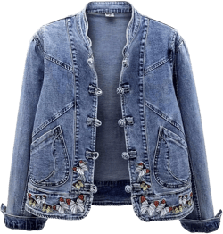 Butterfly Embroidery Denim Jacket for Women Long Sleeve Botton Up Coat with Pocket Trendy Fitted Fall Plain Autumn Outerwear XX-Large J89-blue
