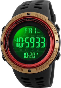 FANMIS Mens Digital LED Sports Watch Military Multifunction 12H/24H Time Dual Time Alarm Countdown Back Light with Simple Design 164FT 50M Water Resistant Calendar Month Date Day Watch Gold Red