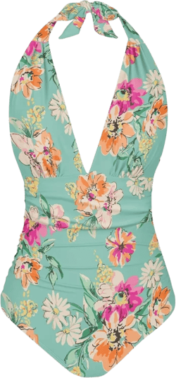 Vintage Floral Print One Piece Swimsuits for Women, V Neck Tummy Control Bathing Suit Halter Ruched Bikini 3X-Large Colorful Vintage Flowers