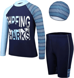 3Pcs Boys Rash Guard Swimsuit UPF 50+ Kids Long Sleeve Rash Vest with Swim Trunks Hat Set 13-14 Years Navy Blue