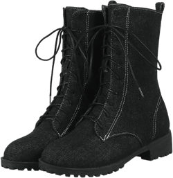 Optigard Women's Lace-up Denim Ankle Boots,Plush Round Toe Causal Non-slip Low Heel Mid-Calf Dress Boots Black 6.5