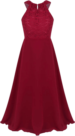 FEESHOW Big Girls Halter-Neck Lace Chiffon Junior Bridesmaid Dress Floor-Length Wedding Prom Evening Long Gowns 14 Burgundy
