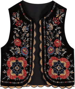 XBTCLXEBCO Women Floral Embroidered Vest Top Boho Sleeveless Linen Cropped Open Front Cardigan Ethnic Vintage Gilet Outerwear Small Velvet Black