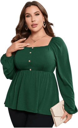 Plus Size Tops Women T Shirts Casual Square Neck Puff Sleeve Empire Waist Peplum Tops Plus Size Babydoll Blouse Tunic Tops Green 2XL