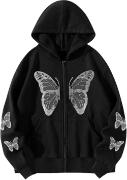 Sunwittafy Women's Oversized Zip Up Hoodie Y2k Aesthetic Graphic Hooded Sweatshirt Long Sleeve E-Girl Harajuku Jackets Coat X Butterfly Black Medium