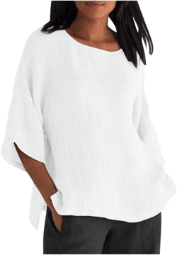 2025 Summer Women Cotton Linen T-Shirt Elbow Sleeve Crewneck Tops Casual Loose Tunic Shirts Side Slit Dressy Blouses White X-Large