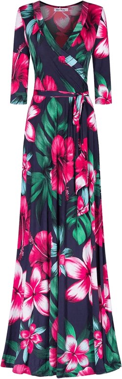 Women's Super Stretchy Maxi Party Dress Summer Beach Faux Wrap 3/4 Sleeve V-Neck Floral Print Small Navy Fuchsia1