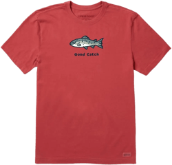 Life is Good Men's Crusher Tee, Short Sleeve Cotton Graphic T-Shirts, Good Catch Fish Good Catch - Faded Red X-Large