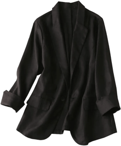 Kinghua Womens 100% Linen One Button Blazer Casual 3/4 Sleeve Lapel Blazer Jackets Large Black