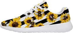 Bee Shoes Women Walking Sneakers 3D Print White Black Stripes Yellow Sunflower Honey Bee Tennis Shoes Gifts for World Bee Day,US Size 13 Women/11 Men