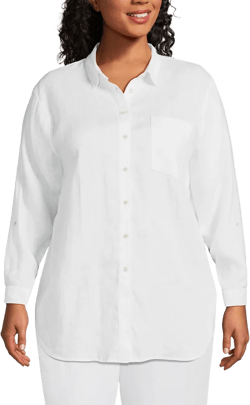 Lands' End Women's Plus Size Linen Roll Sleeve Oversized Relaxed Tunic Top - 2x - White