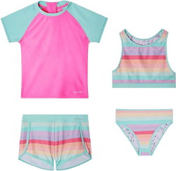 Eddie Bauer Girls 4 Piece Reversible Swimsuit Set (Aqua, Large 14/16)