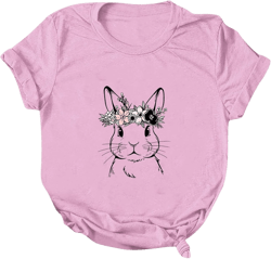 Women's Easter Day Summer Short Sleeve Floral Print Bunny Lily Blouses Fashion 2023 2024 Oversized T Shirts Graphic Pink Small