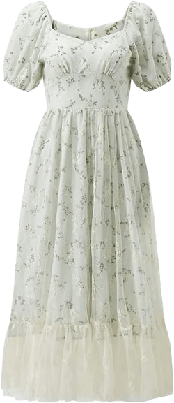 Women Hollow Out Puff Sleeve Floral Embroidery Lace Mesh Dress for Casual Wedding Cocktail Party One Size C-green
