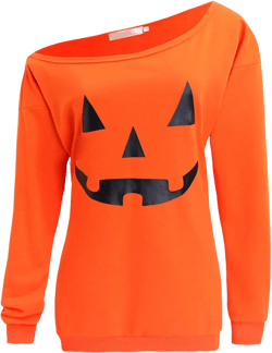 GSVIBK Women's Halloween Off Shoulder Shirts Long Sleeve Pumkin Sweatshirts Slouchy Pullover Tops Skeleton Medium 1-orange