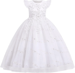 Flower Girl Lace Dress for Kids Wedding Bridesmaid Pageant Party Formal Long Gown Princess Communion Tulle Bow Dresses 6-7 Years White - Sequin